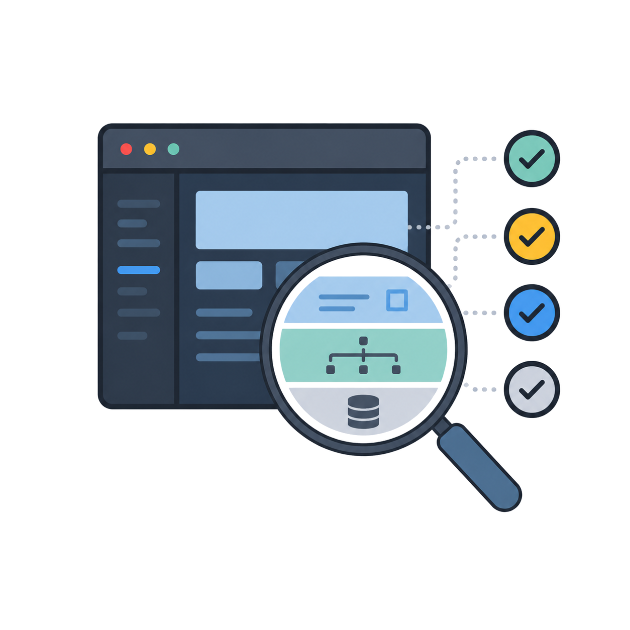 Transparante illustratie van een applicatie audit met vergrootglas, checklist en software-interface.